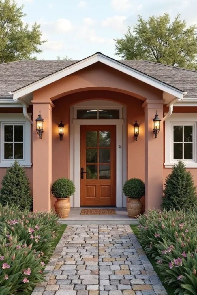 Terracotta house with sandstone cream accents.
