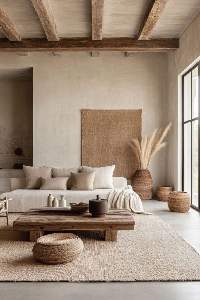 Textured beige Japandi living room.