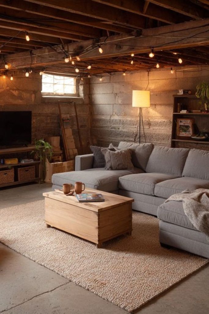 Thrifted furniture unfinished basement family room