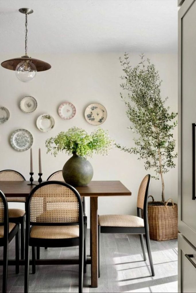 Timeless elegant dining room with flowers.