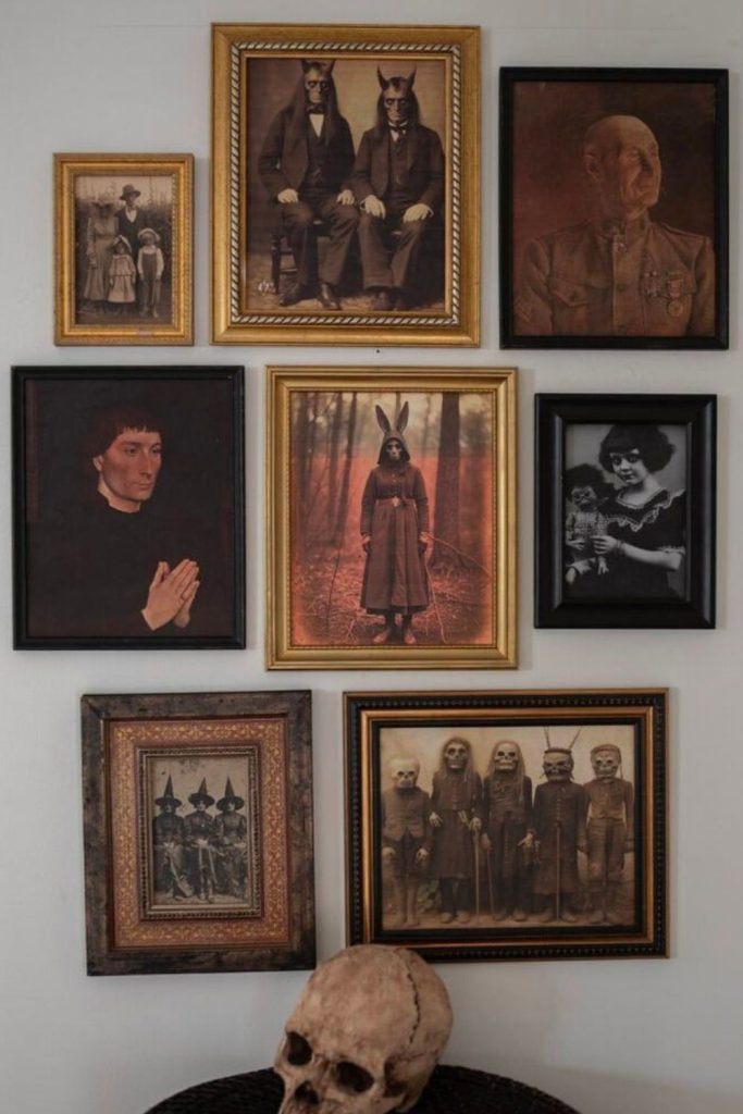 Faded portraits decorating spooky hallway walls.