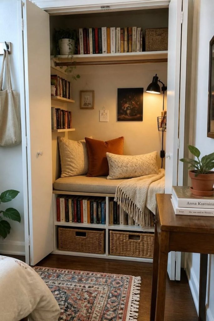Tiny apartment compact reading nook.