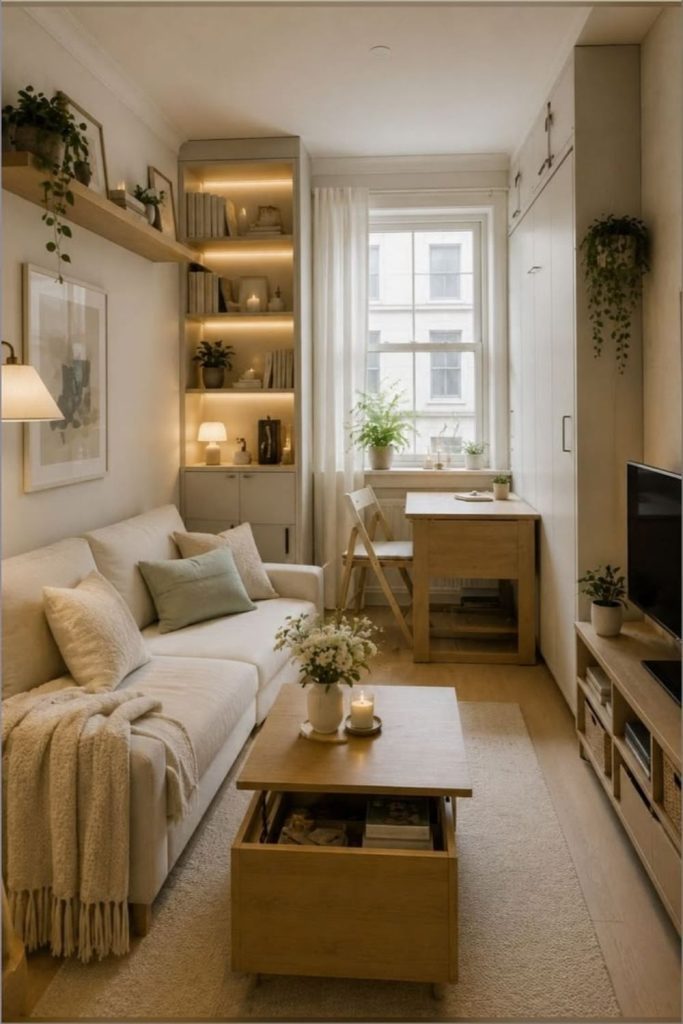Tiny apartment room with cosy decor.