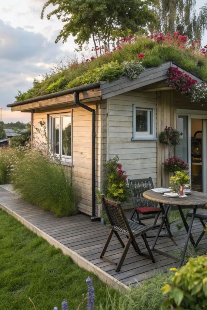 Tiny cabin with green roof.