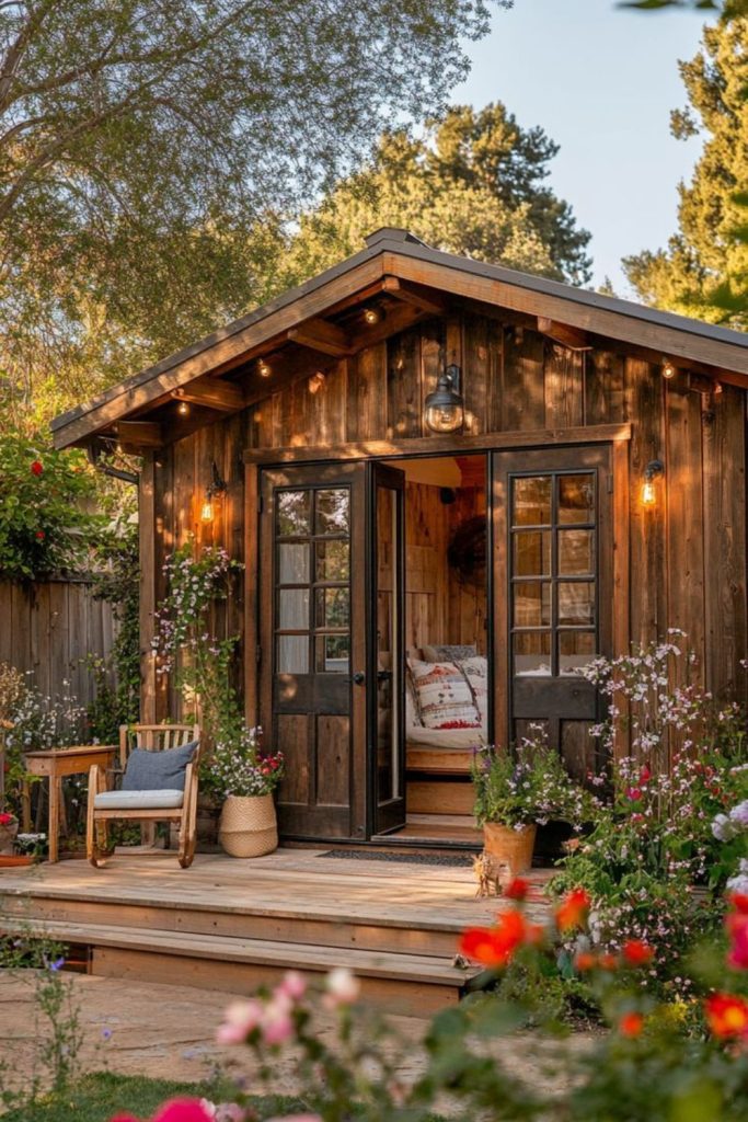 Rustic cabin using reclaimed doors.