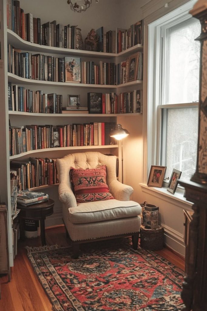 Tiny corner library with compact chair.