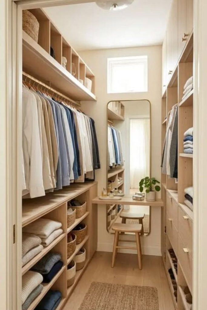 Tiny box room walk-in wardrobe design.