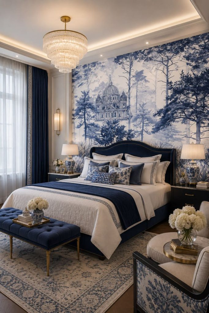 Toile country grandmillennial bedroom design.