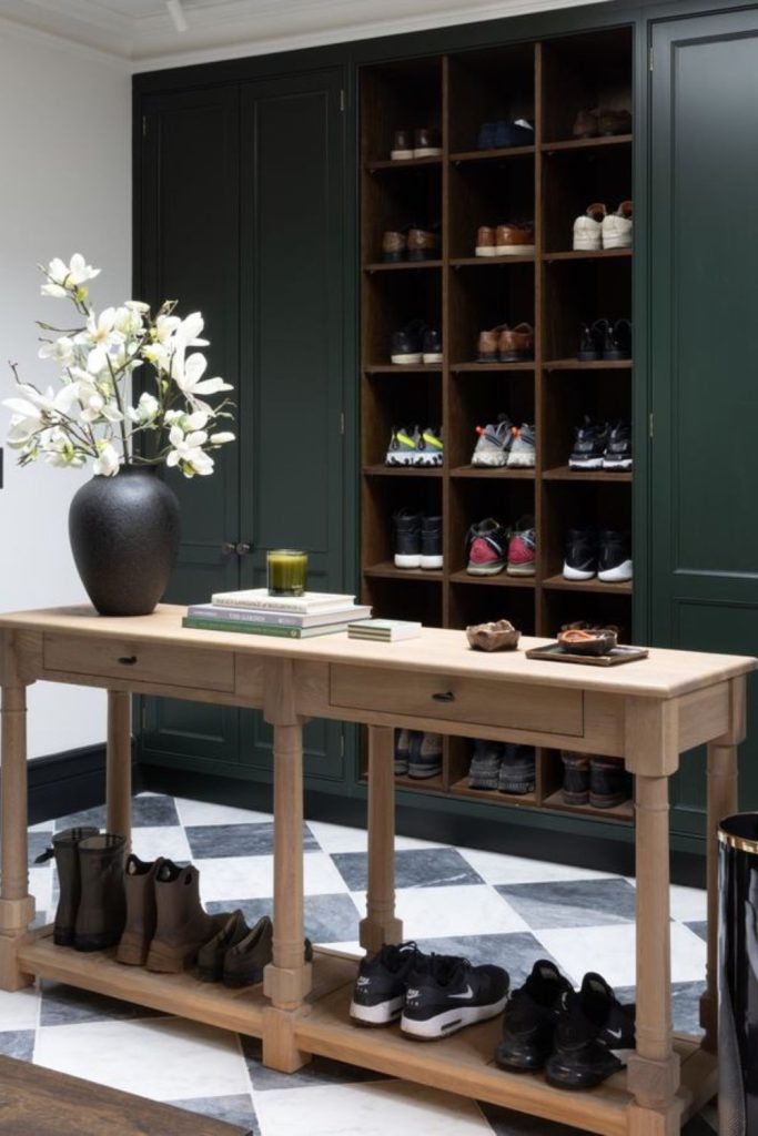 Traditional English boot room with bench.