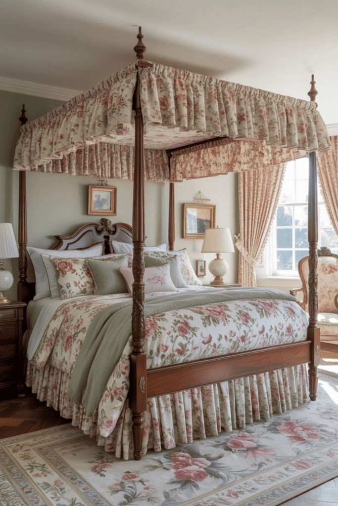 Traditional four-poster grandmillennial bedroom.