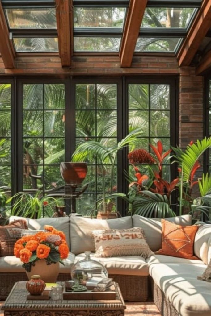 Tropical conservatory surrounded by lush foliage.
