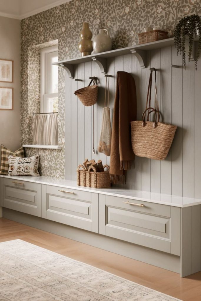 Country boot haven with rustic storage.