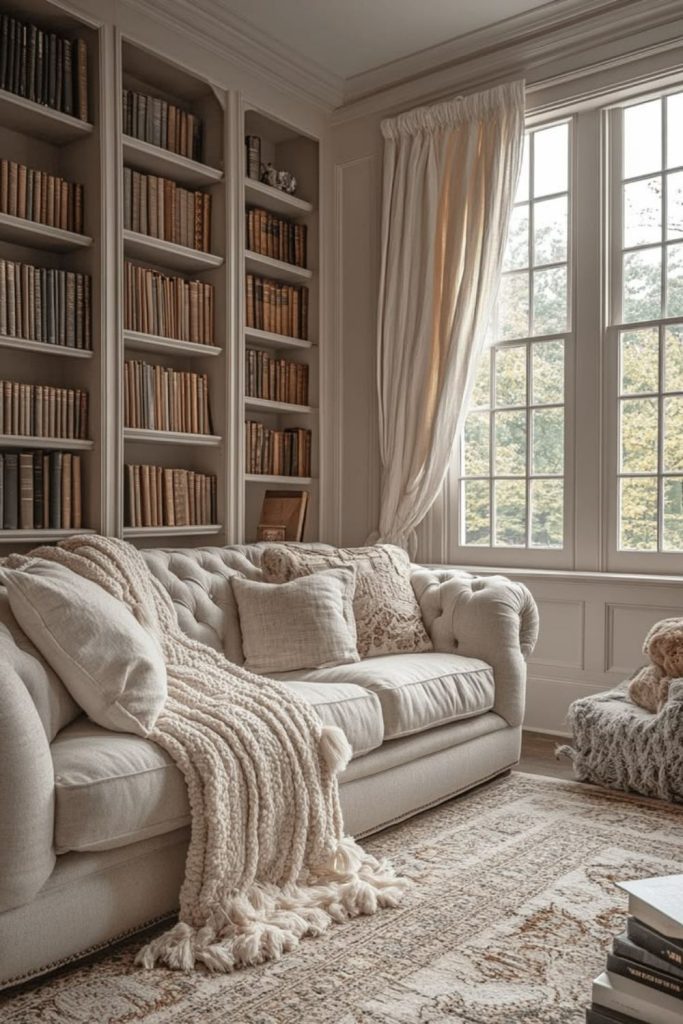 Ultimate cozy library retreat with sofa.