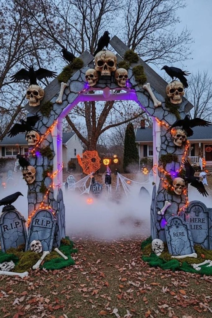 Undead graveyard gate with skeleton decorations.