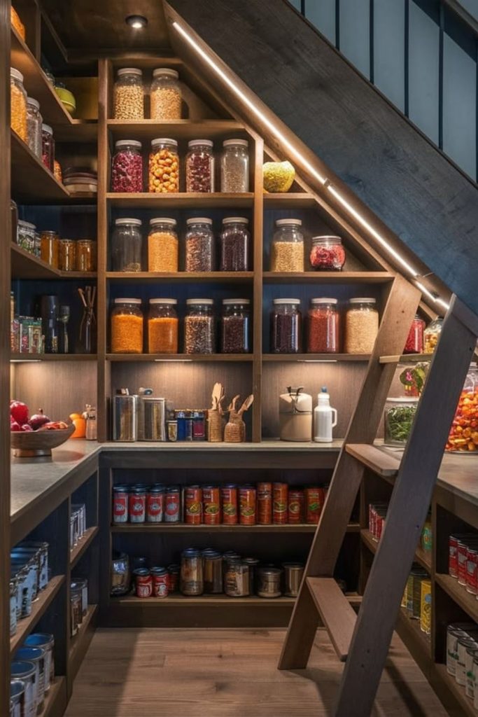Deep understairs pantry storage drawers.