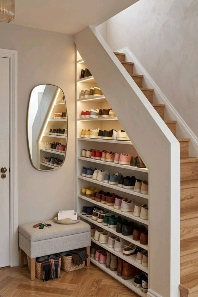 Understairs shoe storage with drawers.