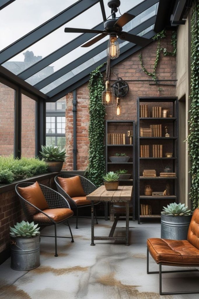 Industrial conservatory featuring black metal frames.