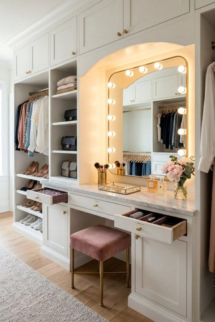 Walk-in wardrobe with integrated vanity.