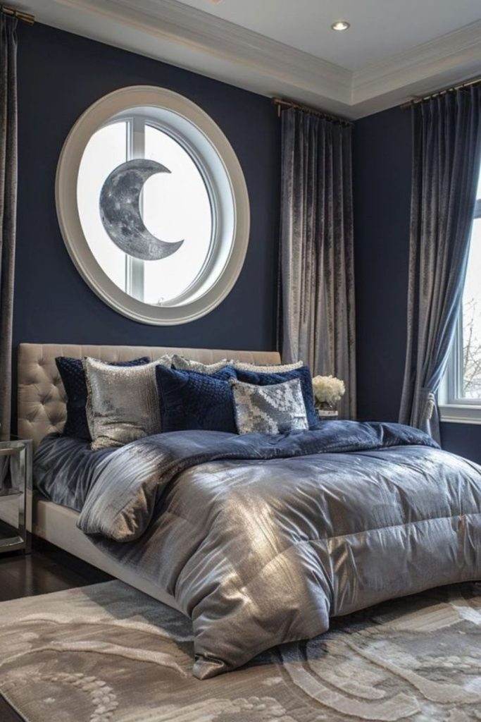 Luxurious velvet bedroom with brass accents.