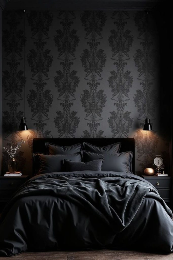 Luxurious velvet black modern bedroom interior.