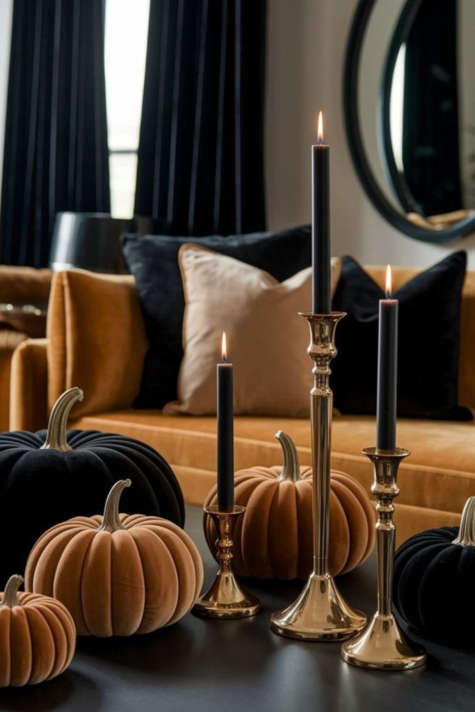 Velvet pumpkins decorating classic sitting room.