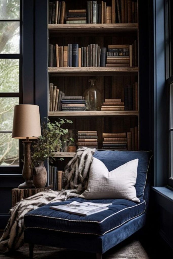 Velvet reading lounge with rich colors.