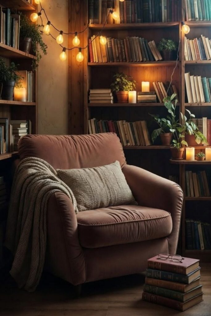 Velvet armchair cozy reading nook.