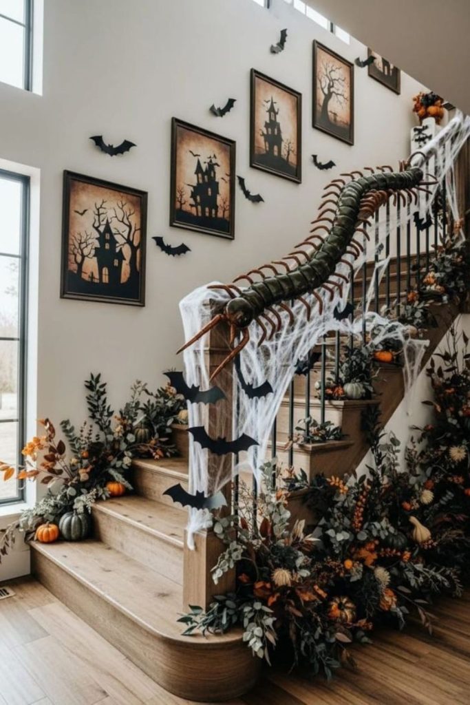 Victorian staircase decorated with vintage lanterns.