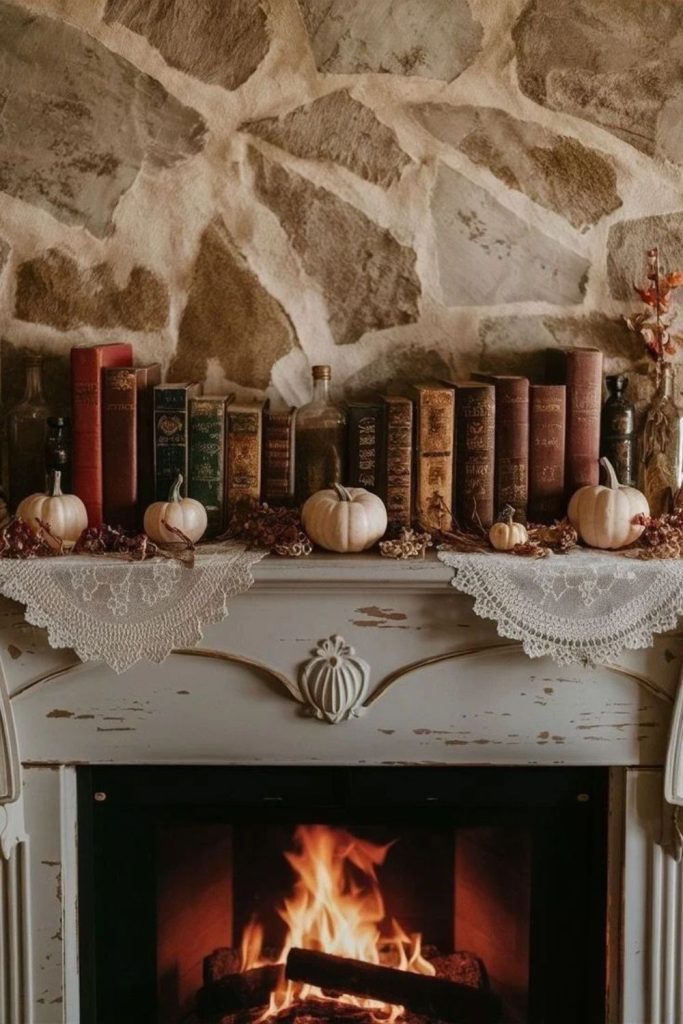 Vintage books styled with autumn mantel decor.