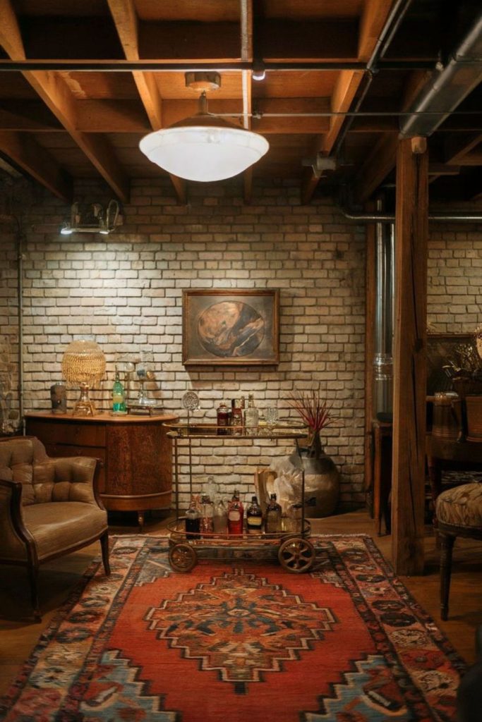 Vintage unfinished basement den decor