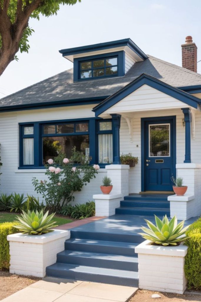 Vintage blue bungalow front design.