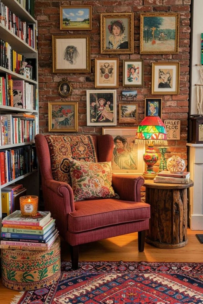 Vintage bookshop room with classic decor.