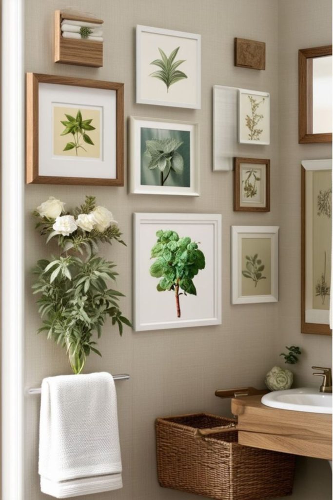 Vintage botanical bathroom gallery wall