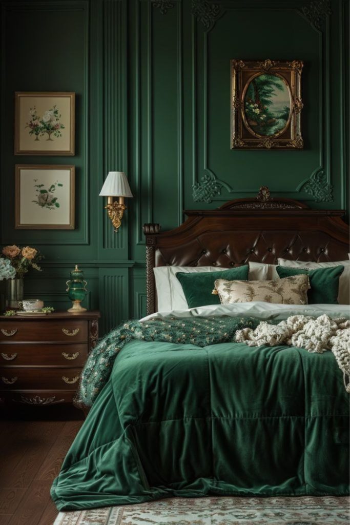 Vintage emerald bedroom with ornate mirrors.