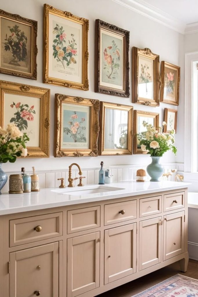 Vintage fashion bathroom gallery wall