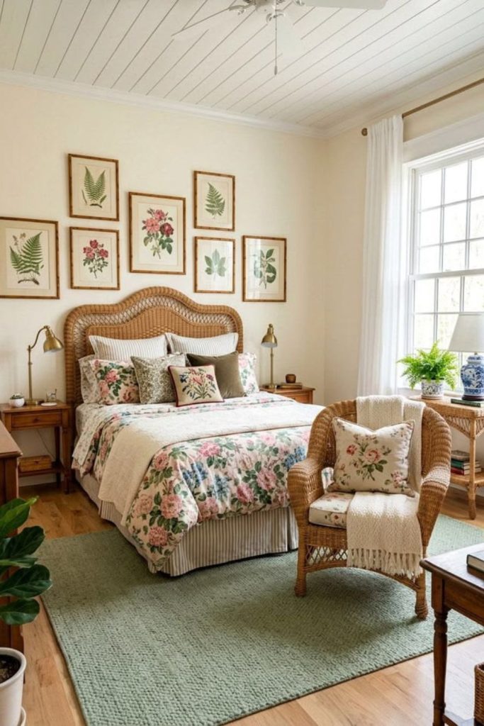 Vintage needlepoint grandmillennial bedroom.