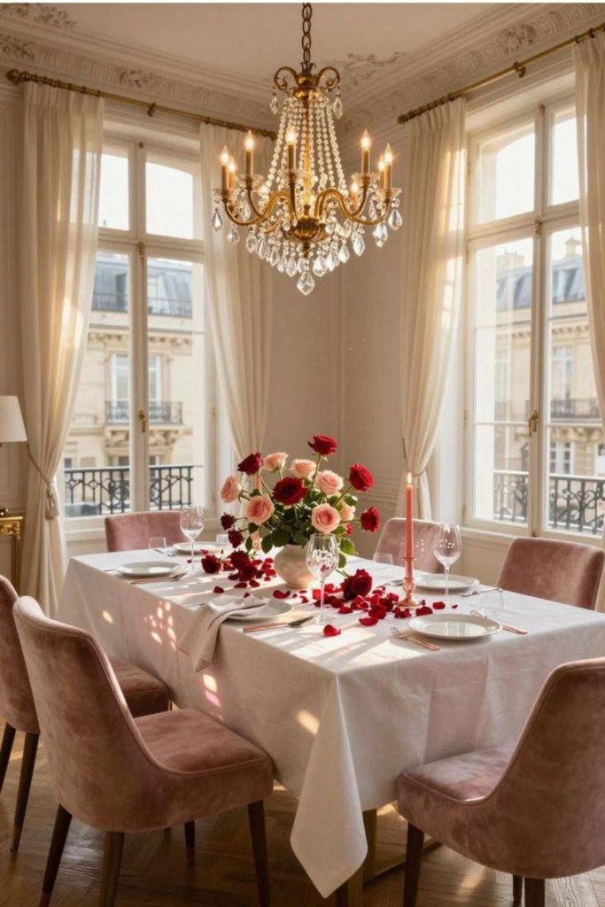 Vintage Parisian dining room with chandelier.