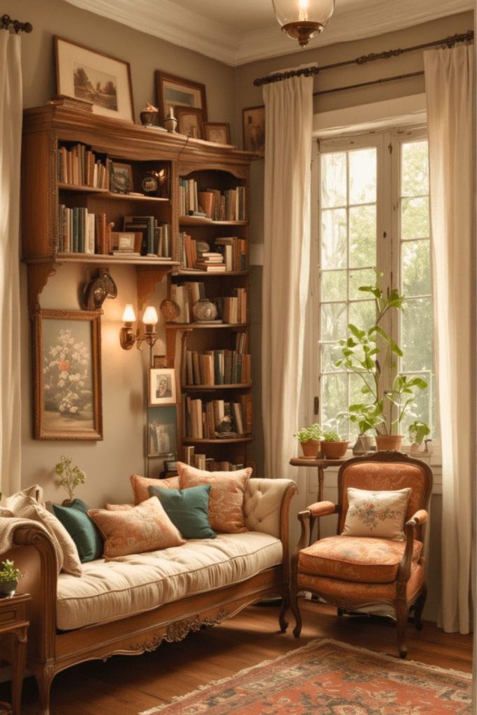 Vintage elegant reading parlor interior.