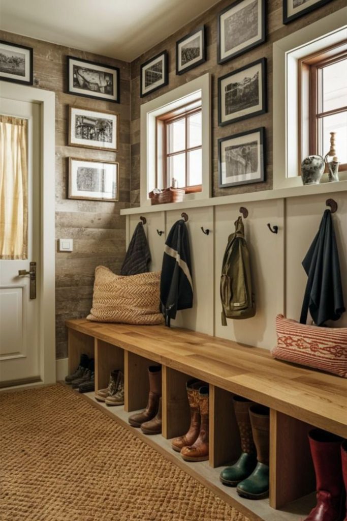 Vintage schoolhouse boot room with lockers.