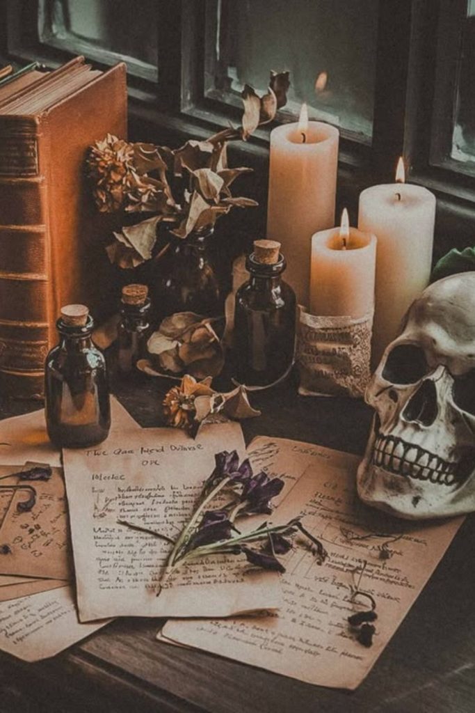 Antique study featuring decorative Halloween skeleton.