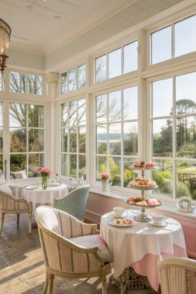 Vintage tea conservatory with floral accents.