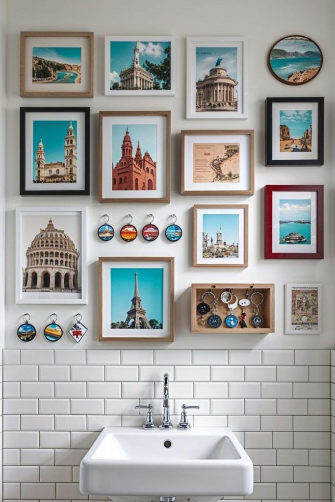 Vintage travel bathroom gallery wall