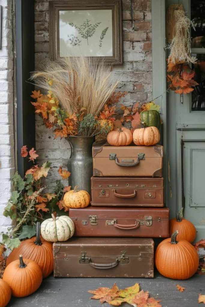 Antique trunks stacked with heirloom pumpkins.