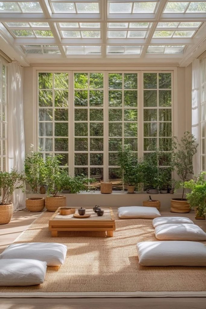 Wabi-sabi garden room interior design.