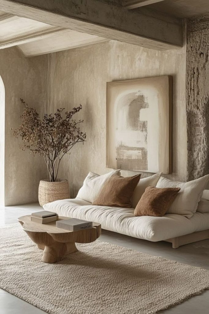 Wabi-sabi Japandi living room corner.