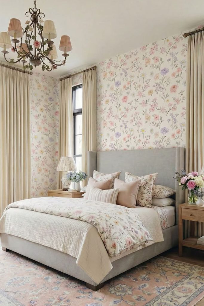 Wallpapered heritage grandmillennial bedroom retreat.
