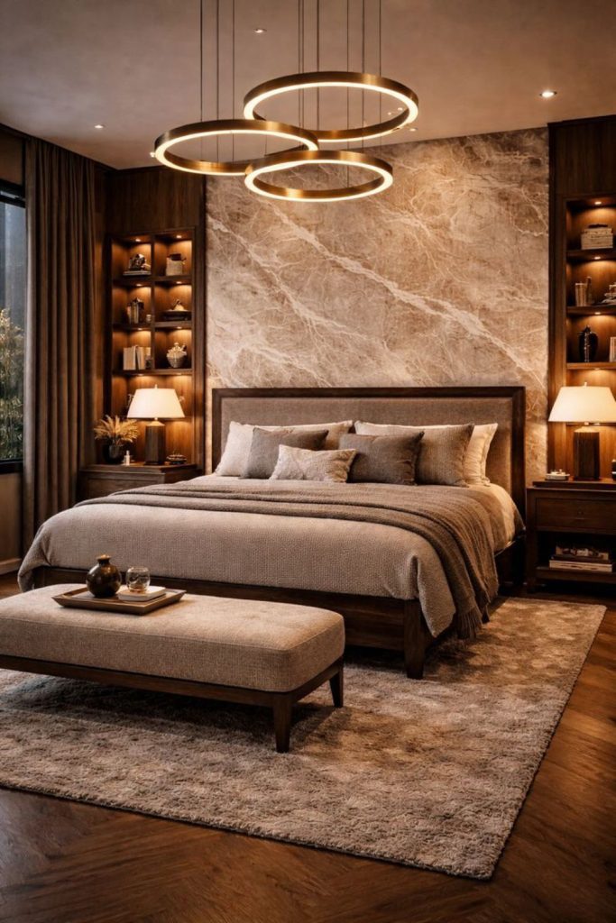 Walnut wood sophisticated modern luxury bedroom.