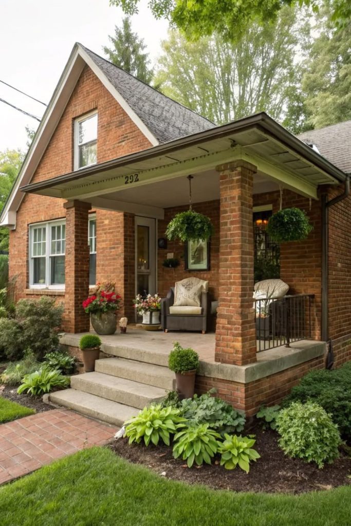 Cozy brick cottage front house design.