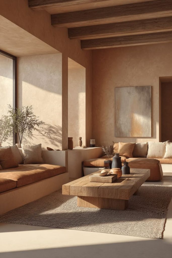 Warm clay Japandi living room.