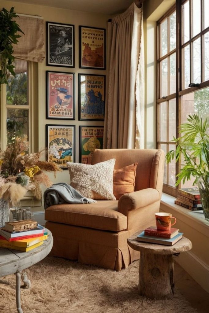 Warm cottage corner with rustic decor.
